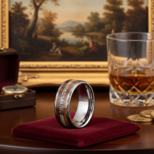 Oak Wood Deer Antler Hammered Tungsten Ring