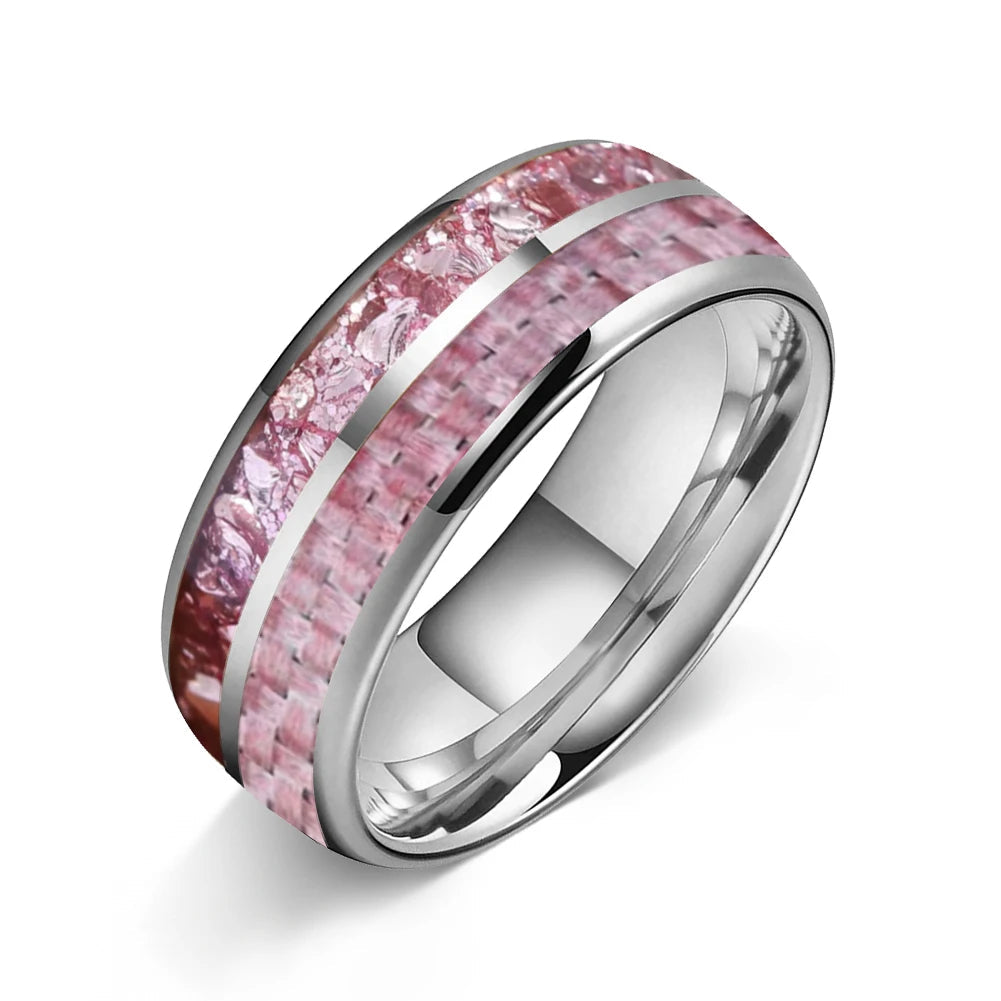 Pink Morganite & Carbon Fiber Inlay Tungsten Wedding Ring