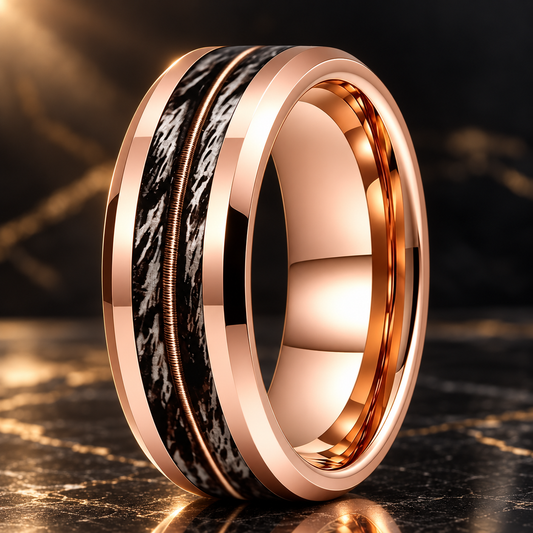 Tungsten Ring With Gray Oak Wood and Guitar String Inlay