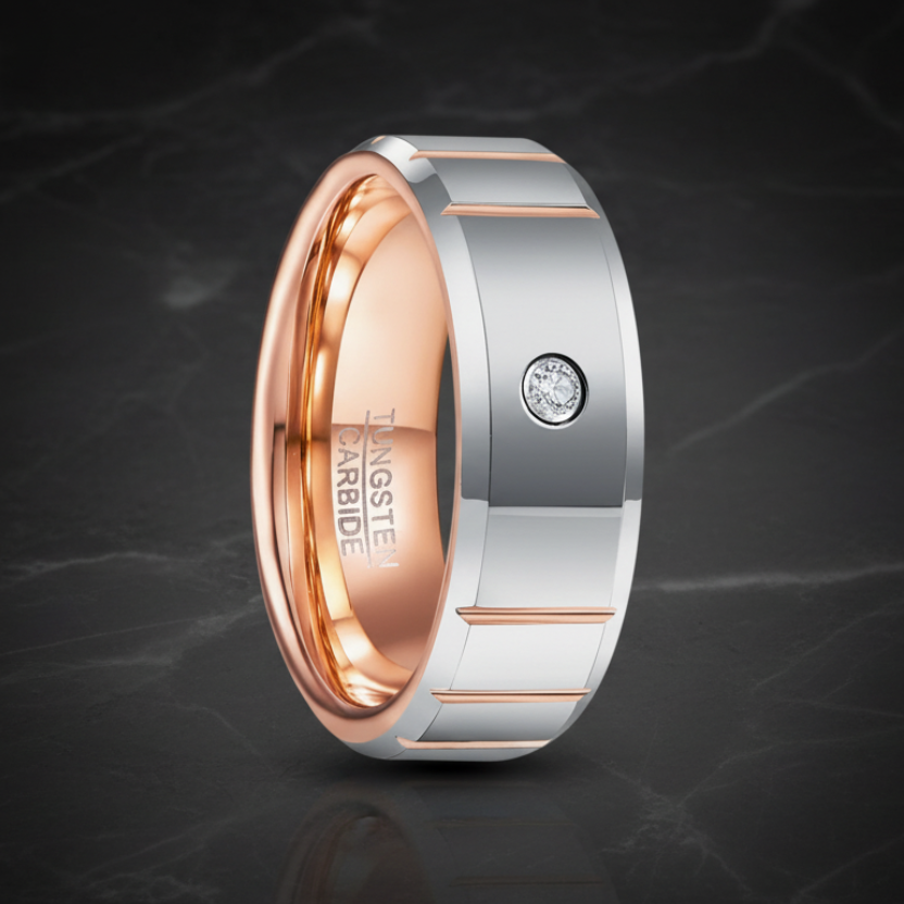 Rose Gold Tungsten Ring with CZ Accent