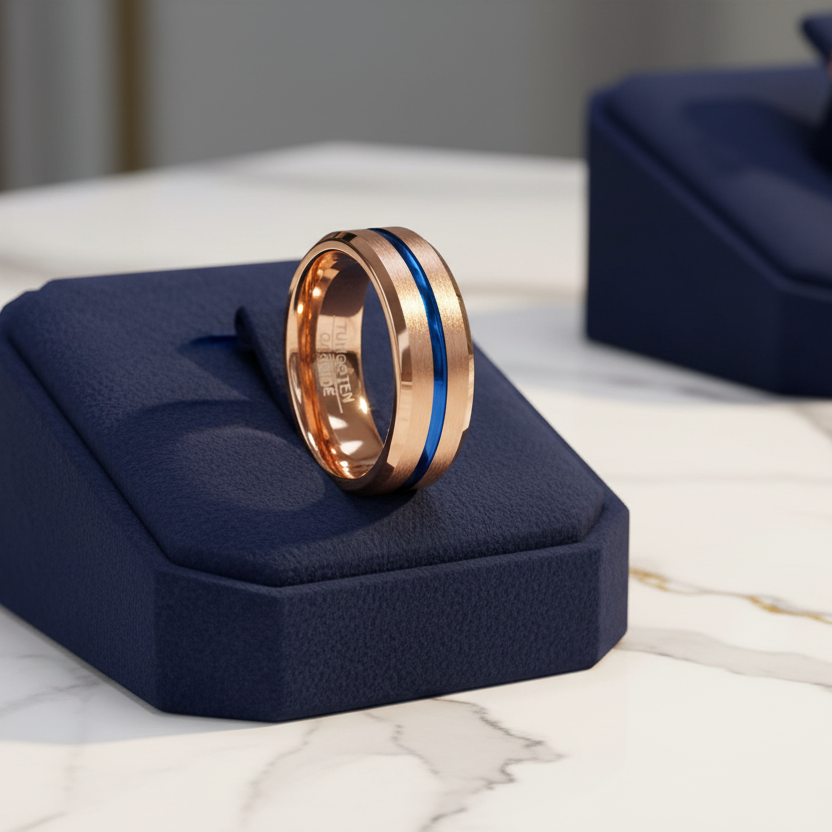 Rose Gold & blue Tungsten Carbide Ring