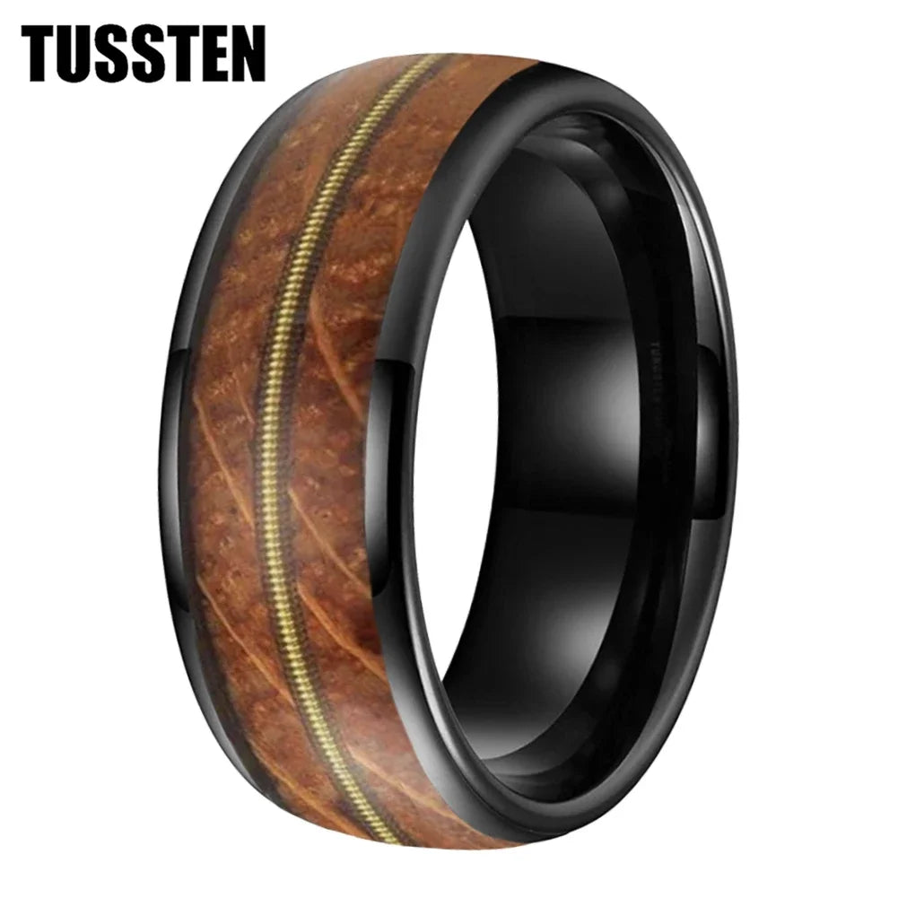 TUSSTEN 8mm Men Women Tungsten Carbide Ring Whisky Barrel Oak Wood Guitar String Inlay Bride Bridegroom Trendy Wedd