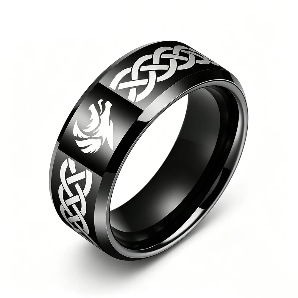 Celtic Knot Tungsten Ring with Wolf Head Laser Engraving