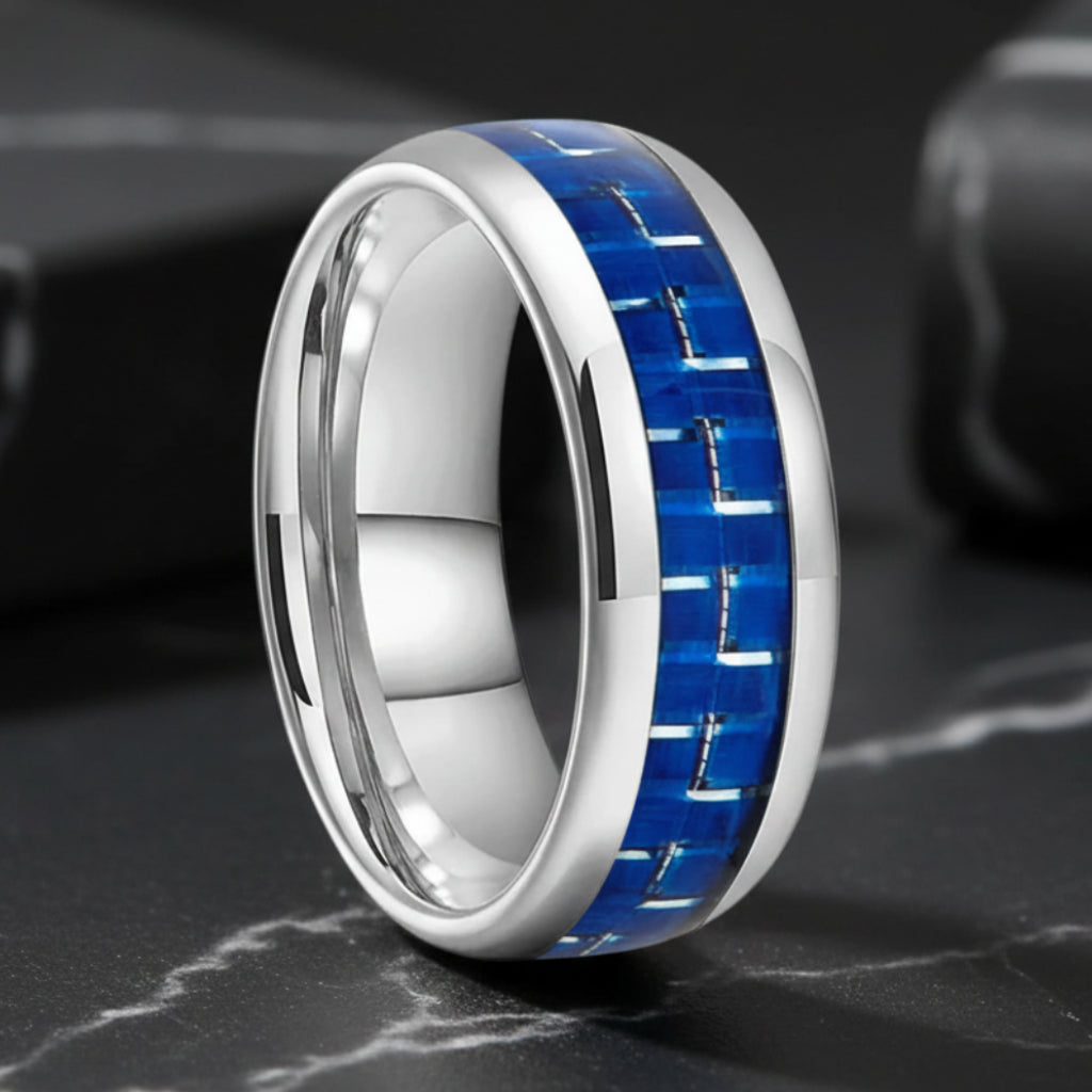Blue Carbon Fiber Inlay Tungsten Ring