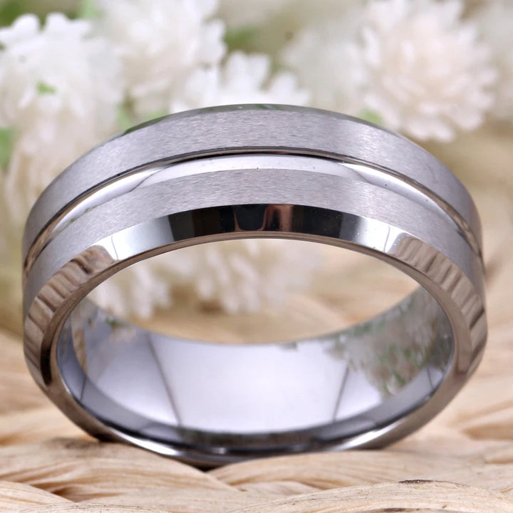 Silver Bevel With Groove Tungsten Ring