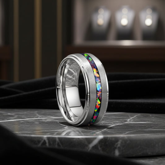 Silver Brushed Opal Tungsten Ring