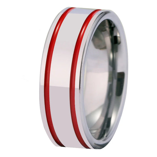 Silver With 2 Red Lines Tungsten Ring