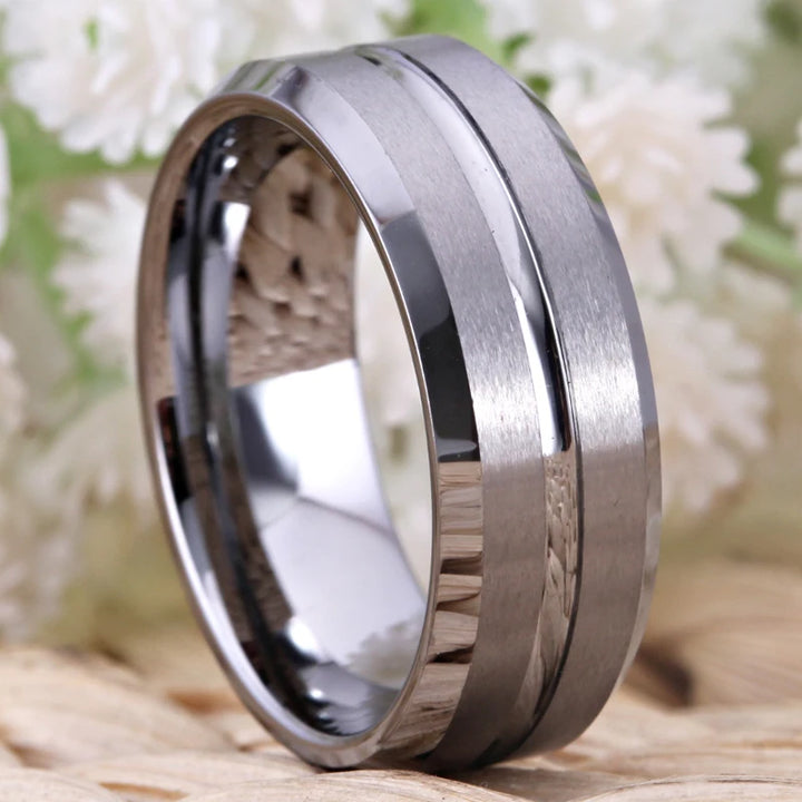 Silver-Bevel With Groove Tungsten Ring