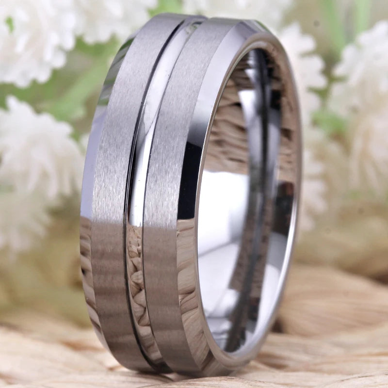 Silver Bevel With Groove Tungsten Ring