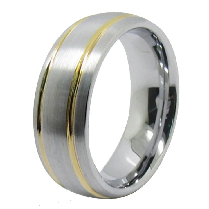 Silver Dome Golden Grooves Tungsten Ring