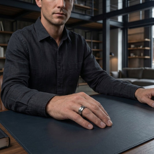 Silver Hammered Tungsten Wedding Band with Guitar String Inlay