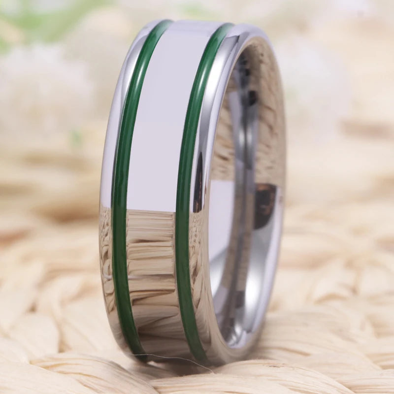 Silver Pipe With 2 Green Lines Tungsten Ring