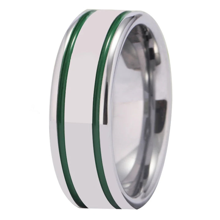 Silver Pipe With 2 Green Lines Tungsten Ring
