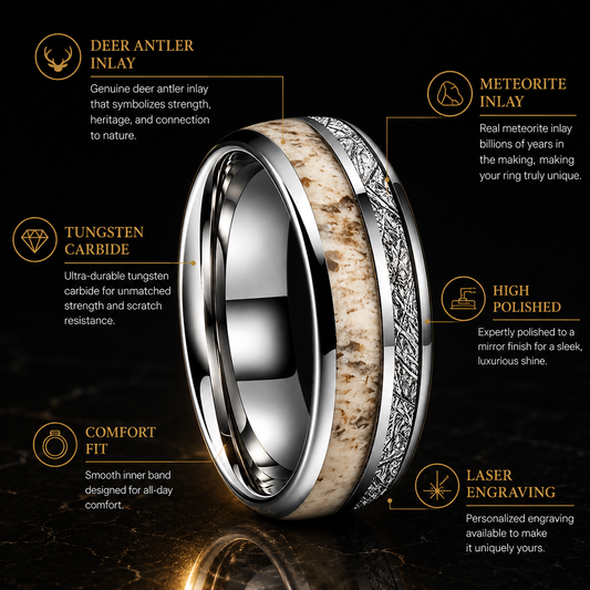 Silver Tungsten Ring with Deer Antler and Meteorite Inlay