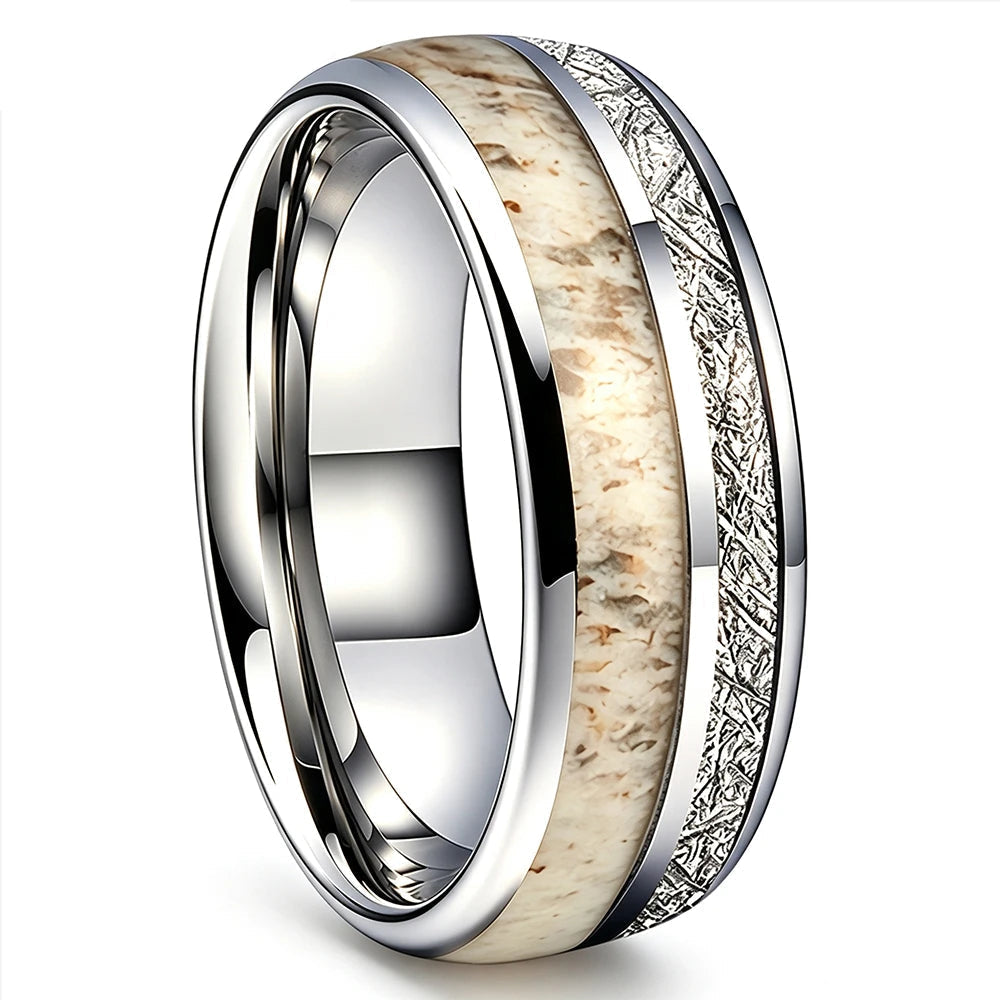Silver Tungsten Ring with Deer Antler and Meteorite Inlay
