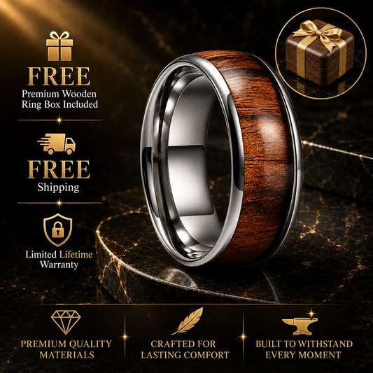 Silver Tungsten Ring with Deep Redwood Inlay