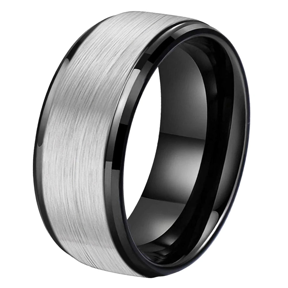Silver and Black Tungsten Ring with Stepped Beveled Edges