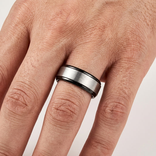 Silver and Black Tungsten Ring with Stepped Beveled Edges