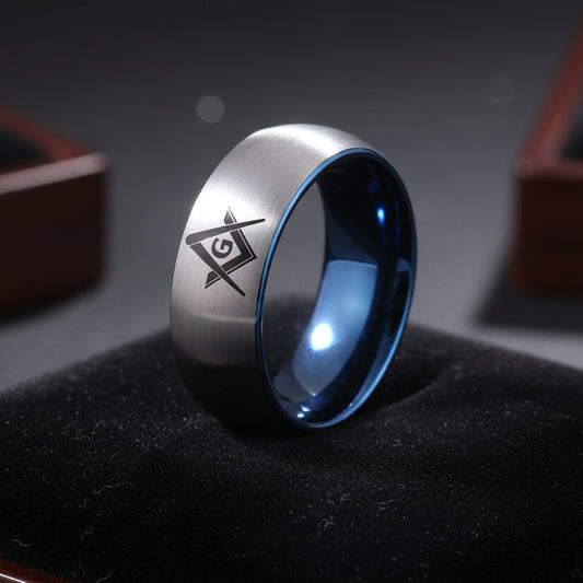 Silver with Blue Tungsten Masonic Ring