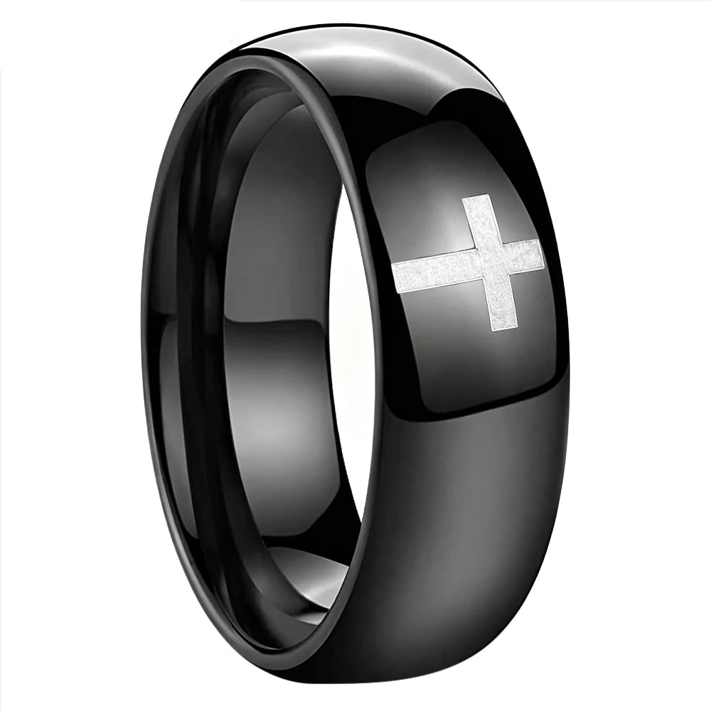 The Darkross — Black Tungsten Ring with Cross Design