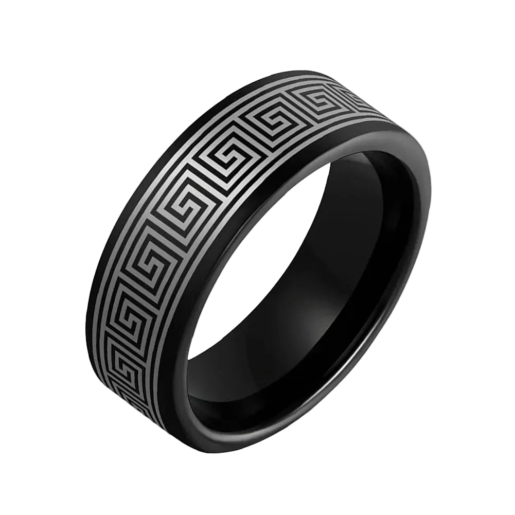 The Infinite Path™ – Black Tungsten Greek Pattern Ring
