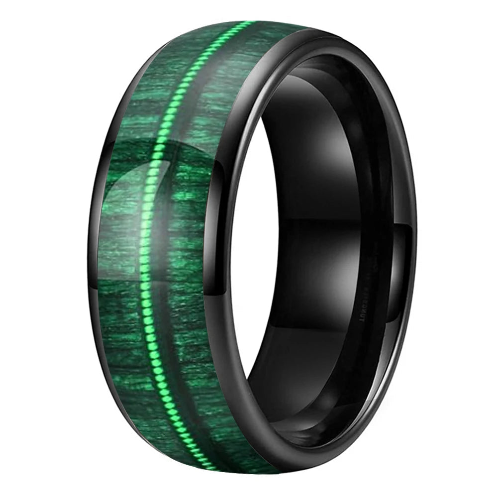 Tungsten Dome Ring with Green Wood and Guitar String Inlay