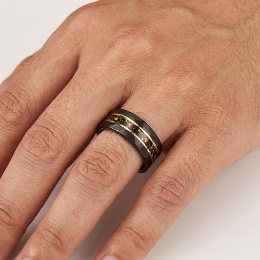 Tungsten Ring with Golden Meteorite Foil & Opal Inlay (8mm)