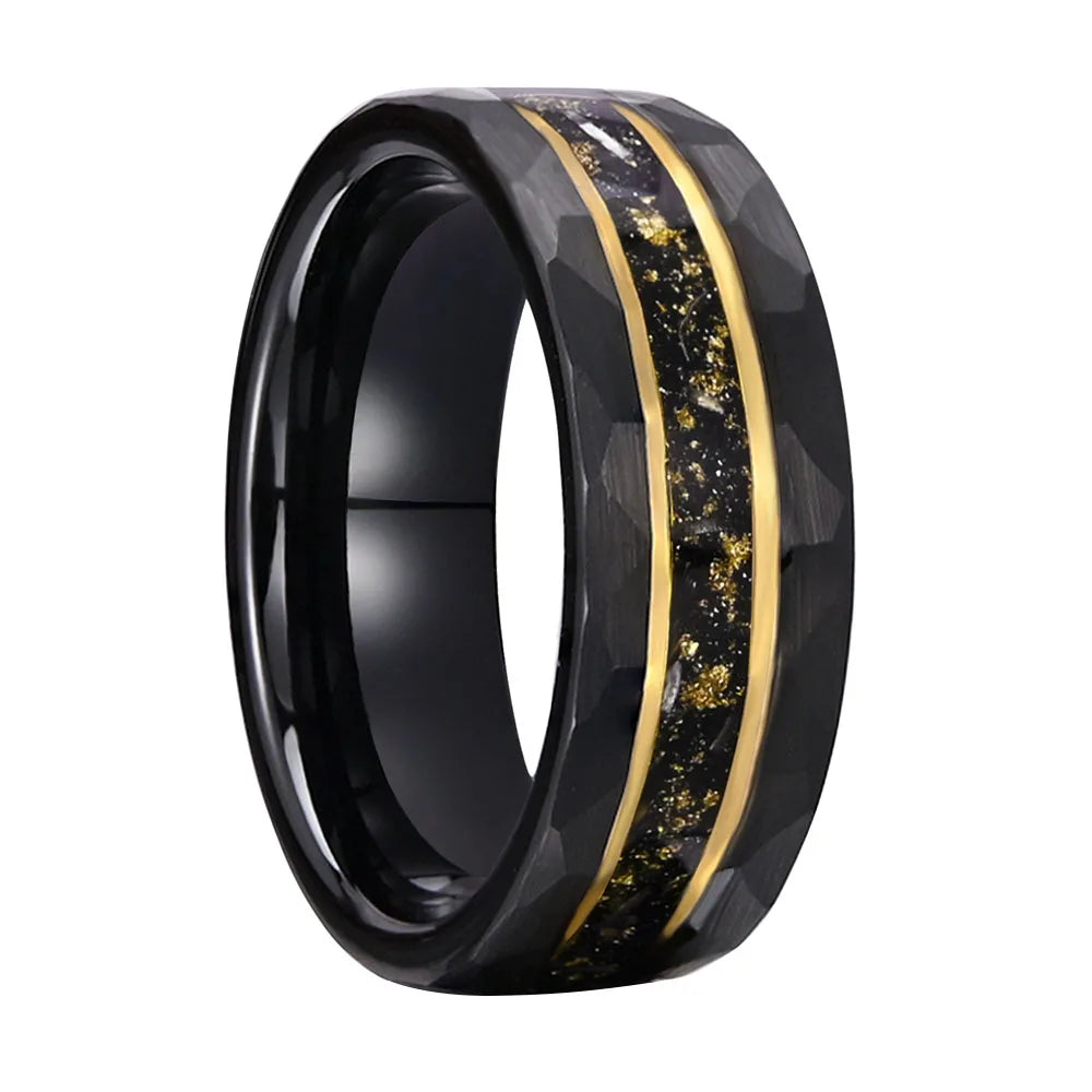 Tungsten Ring with Golden Meteorite Foil & Opal Inlay (8mm)