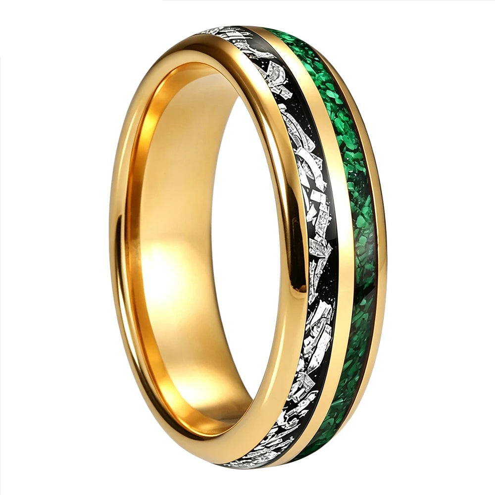 Tungsten Ring with Meteorite & Green Stone Inlay