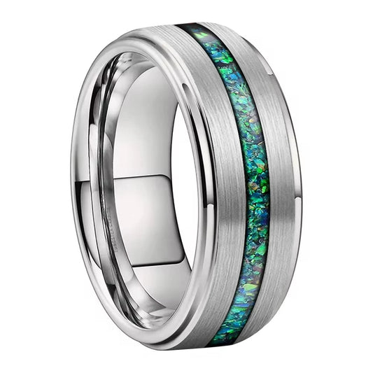Tungsten Wedding Band featuring Real Green Opal Inlay