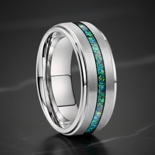 Tungsten Wedding Band featuring Real Green Opal Inlay