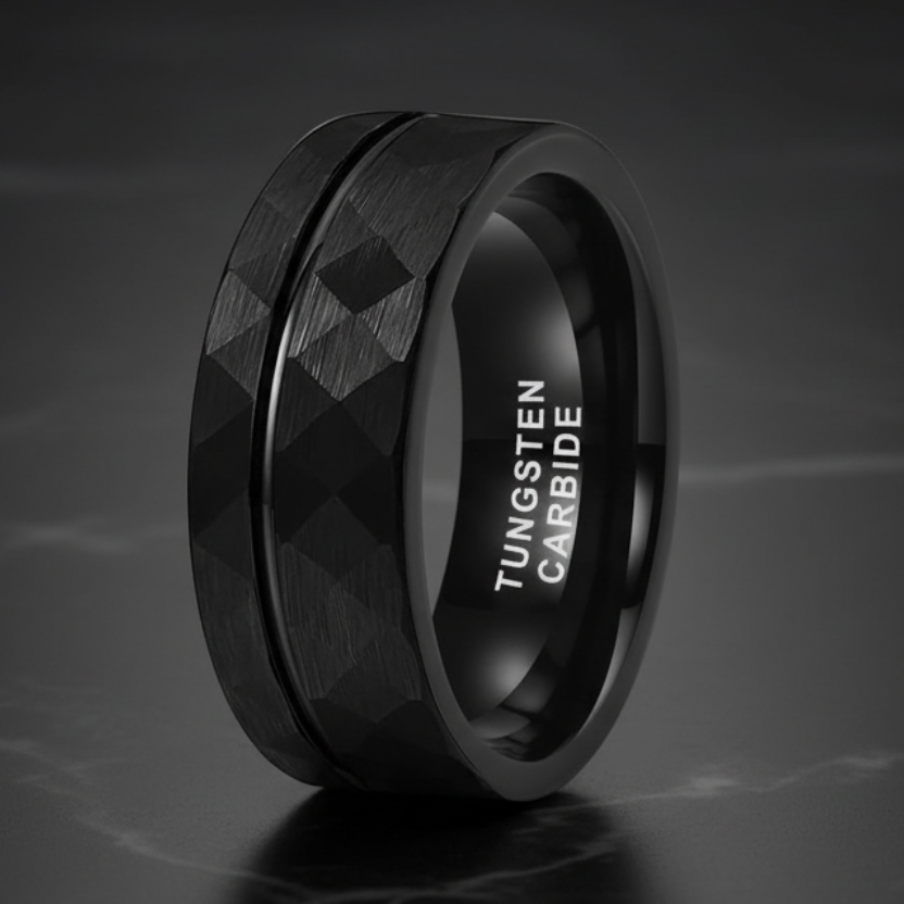 Tungsten Carbide Engagement Ring Hammered Brushed Finish