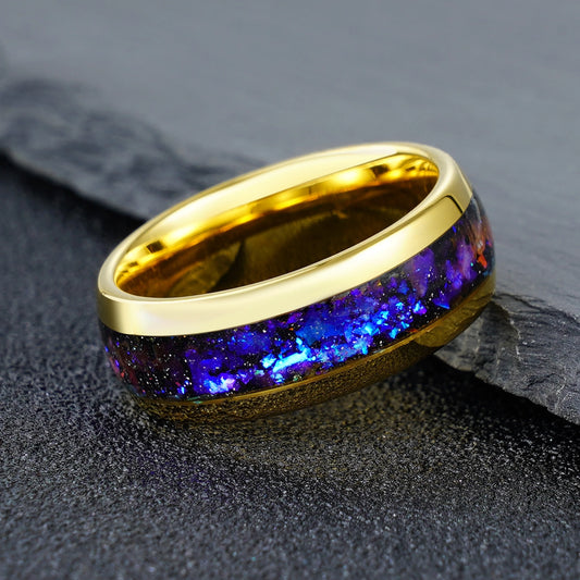 Tungsten Carbide Gold Ring with Blue Nebular Inlay
