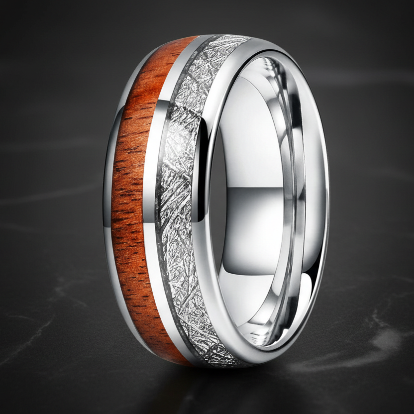Tungsten Carbide Ring with Meteorite & Wood Inlay