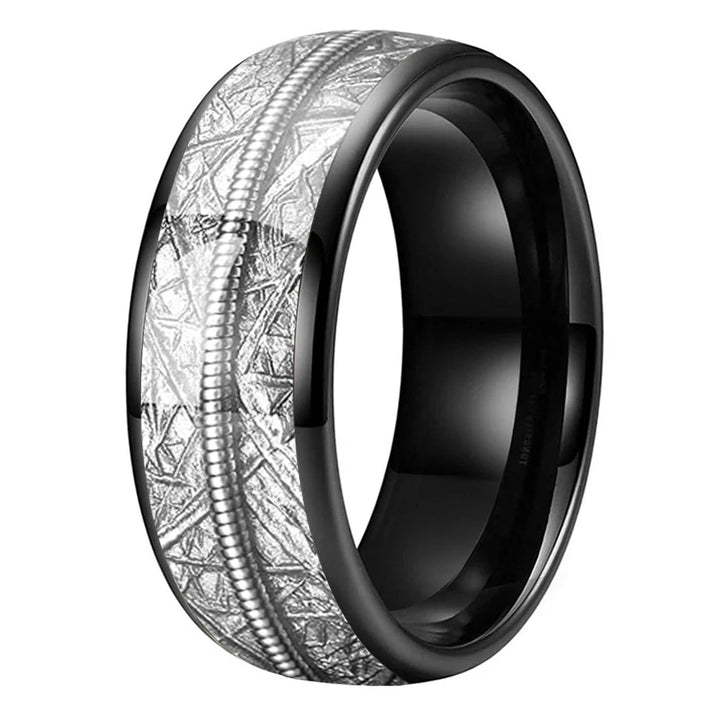 Tungsten Dome Ring with Meteorite and Guitar String Inlay