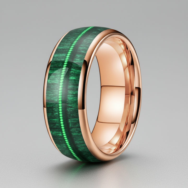 Tungsten Dome Ring with Green Wood and Guitar String Inlay