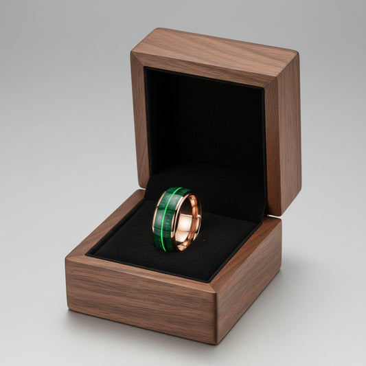 Tungsten Dome Ring with Green Wood and Guitar String Inlay