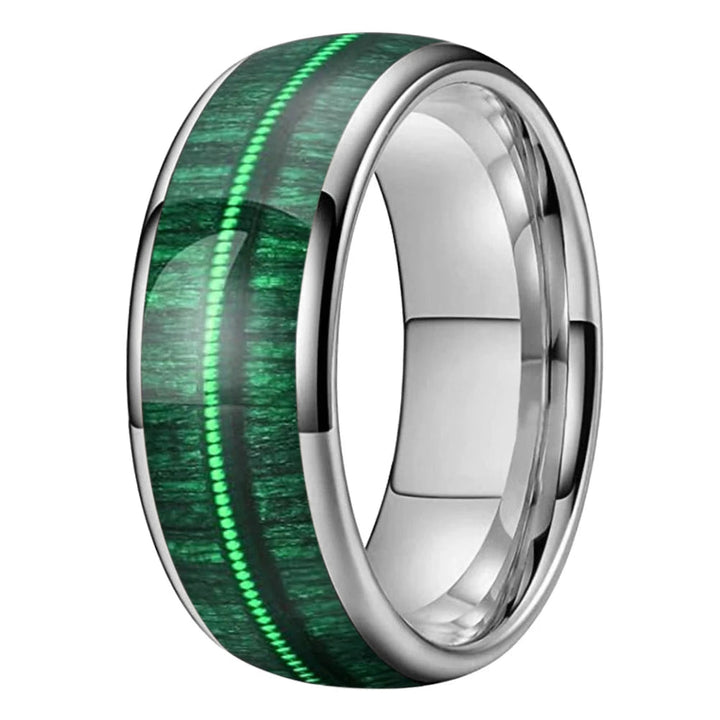 Tungsten Dome Ring with Green Wood and Guitar String Inlay