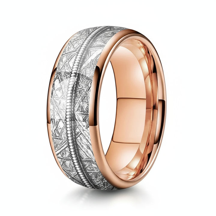 Tungsten Dome Ring with Meteorite and Guitar String Inlay