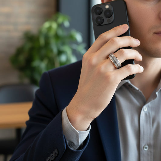 Tungsten Dome Ring with Meteorite and Guitar String Inlay