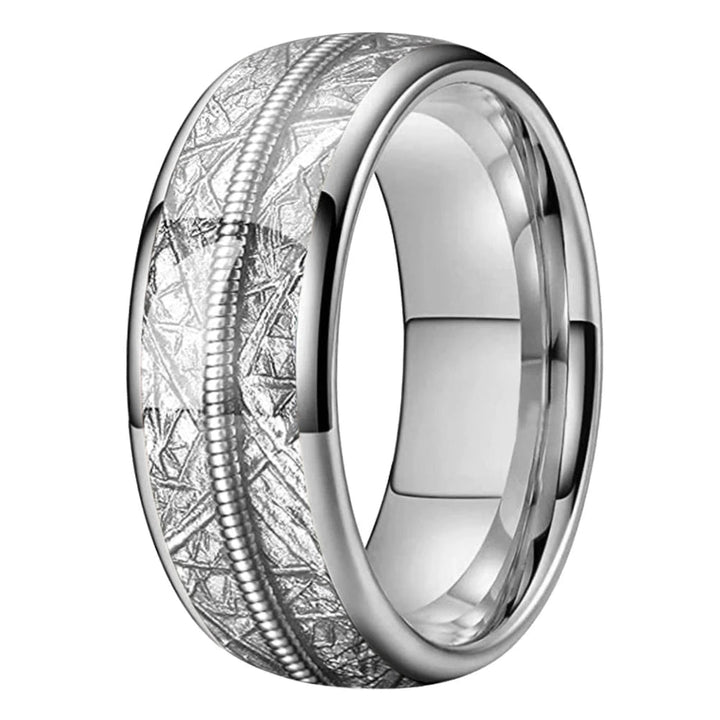 Tungsten Dome Ring with Meteorite and Guitar String Inlay