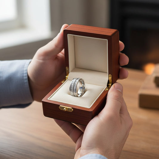 Tungsten Dome Ring with Meteorite and Guitar String Inlay