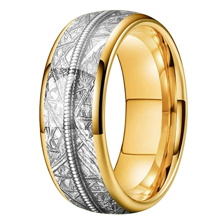 Tungsten Dome Ring with Meteorite and Guitar String Inlay