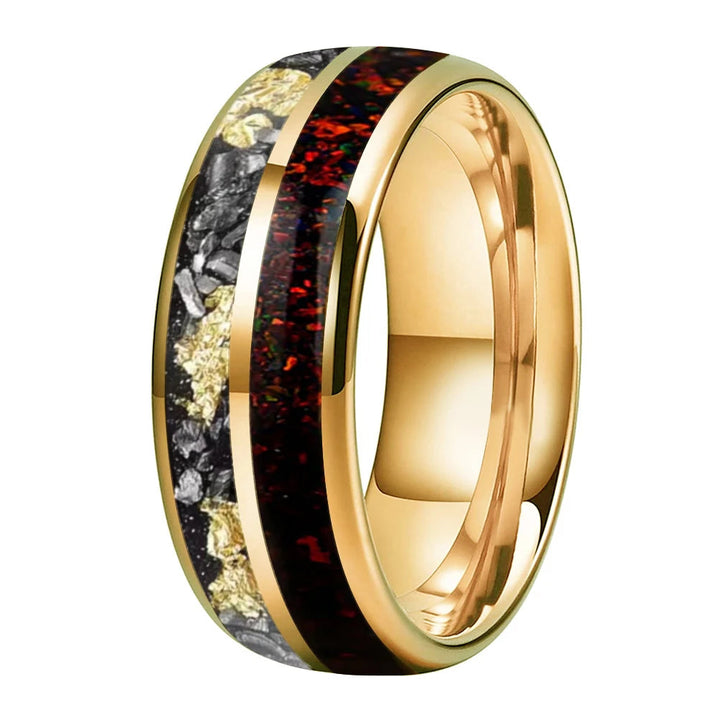 Tungsten Double Groove Ring with Red Opal & Gold Foil Inlay