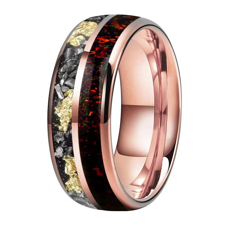 Tungsten Double Groove Ring with Red Opal & Gold Foil Inlay