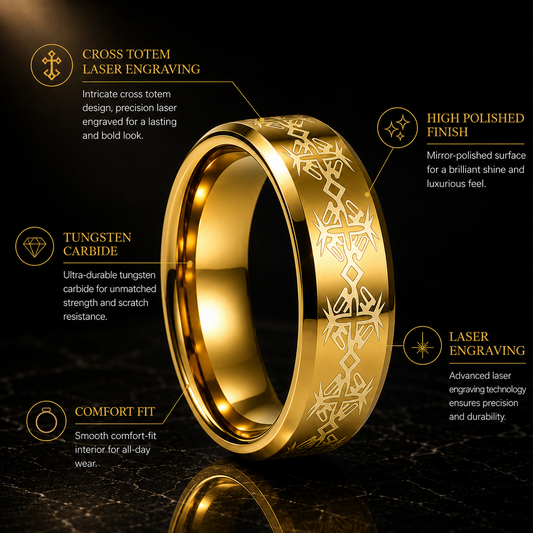 Tungsten Ring with Cross Totem Laser Engraving