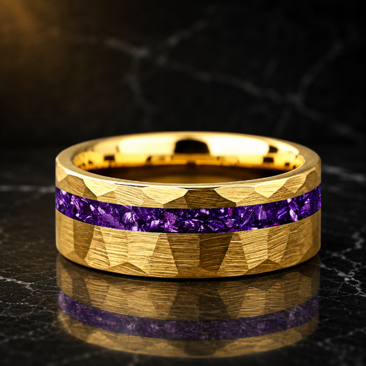 Tungsten Ring with Purple Glass Stone Inlay