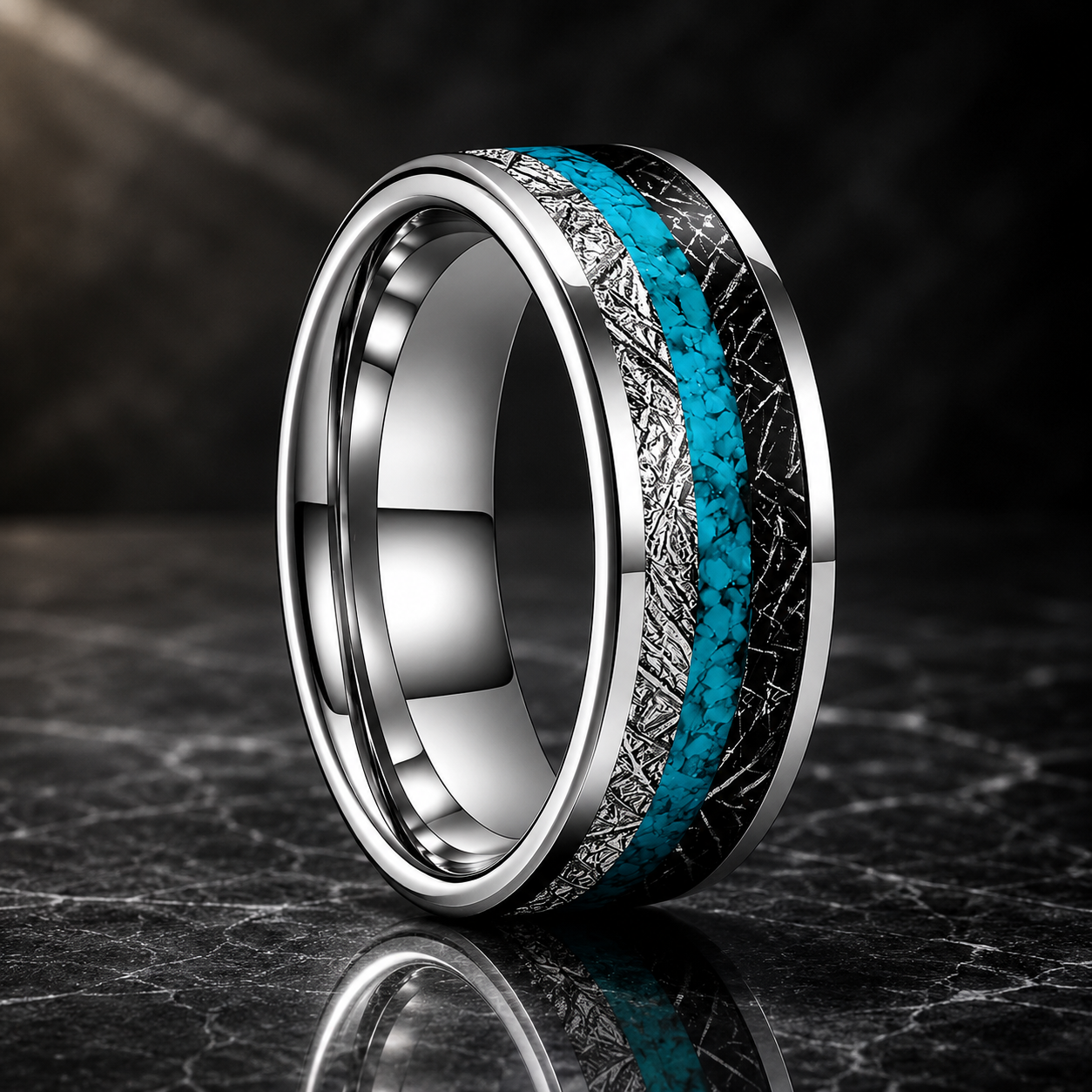 Tungsten Ring with Turquoise & Black White Meteorite Inlay