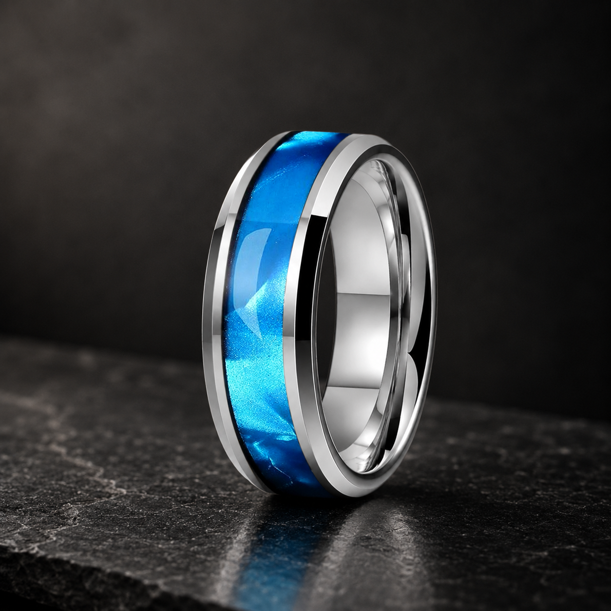 Tungsten Ring with Blue Shell Texture Inlay