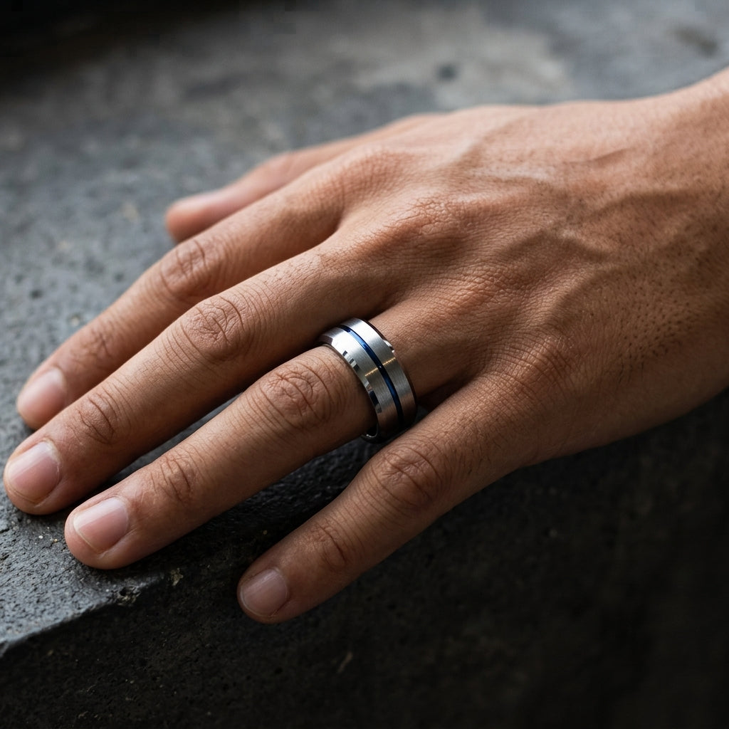 8MM Tungsten Ring with Blue Center Line & Beveled Edges